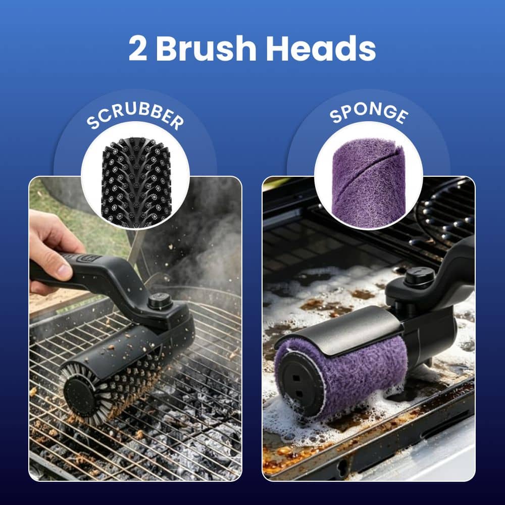 GrillWizz two brush heads: scrubber roller and sponge roller