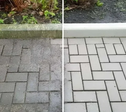 Jetterix high-pressure nozzle cleaning a surface, before and after